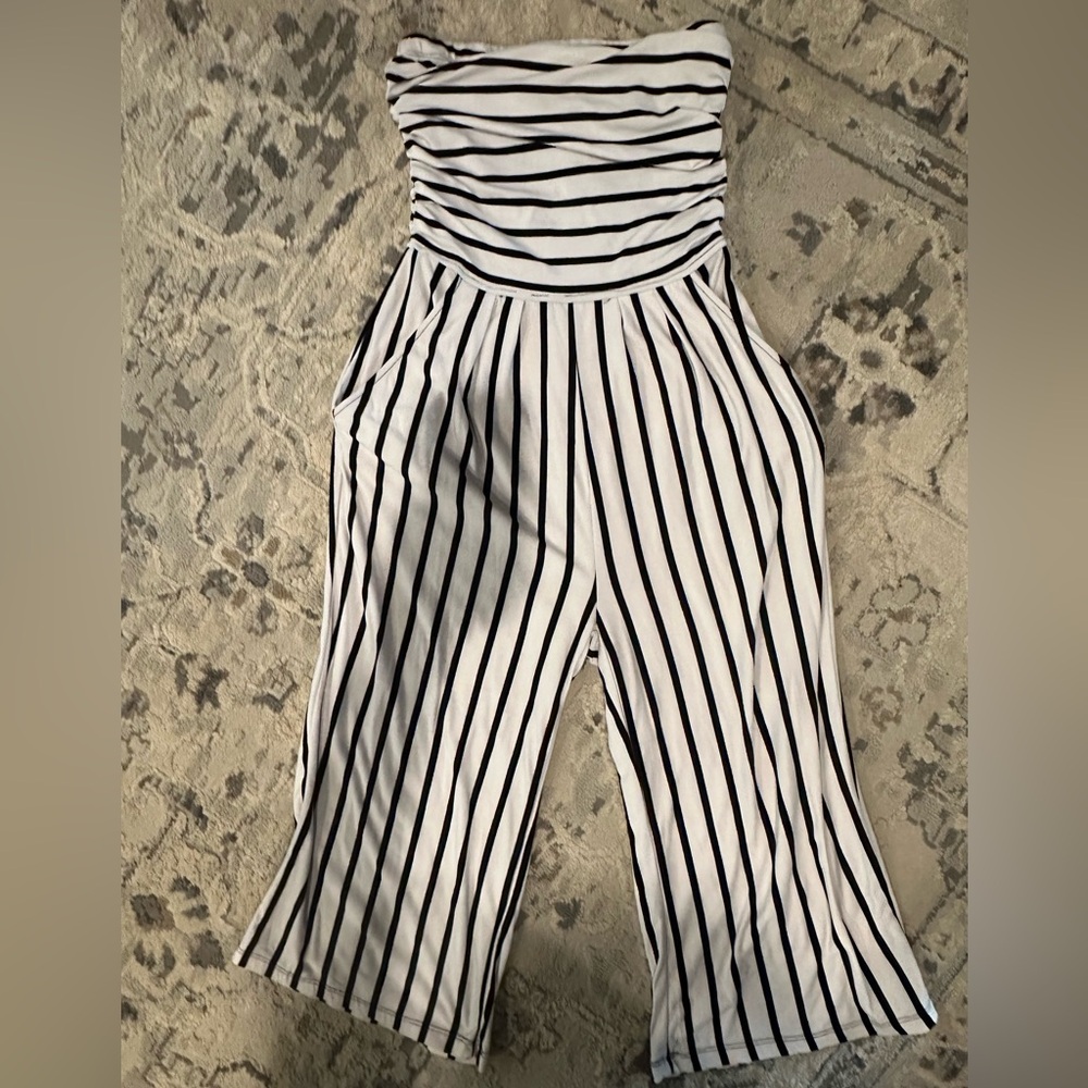 Striped Black and White Strapless Jumpsuit - Picture 4 of 9